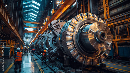 Workers inspecting a large industrial turbine in a factory, emphasizing the scale and precision of machinery in heavy industry.