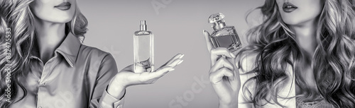 Girl holds cosmetics, serum in a vial, applying on hand. Woman spraying luxury perfume. Perfume bottle woman spray aroma. Girl holding a perfume bottle. Womens with perfume bottle. Black and white