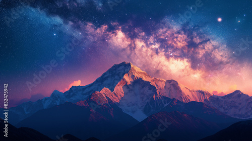 An image of the night sky over Mount Everest, with stars and galaxies in high resolution. The background should be a computer screen displaying a photo in the style of Richard Hill. 