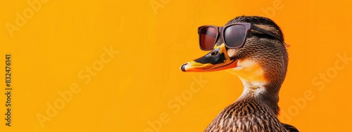 A duck wearing sunglasses on a solid orange background for advertising posters.