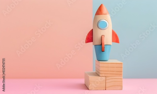 Wooden Block with Rocket Icon on Business Growth Concept Step
