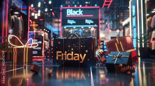 Vibrant black friday scene shopping bags, gift boxes, and neon lights