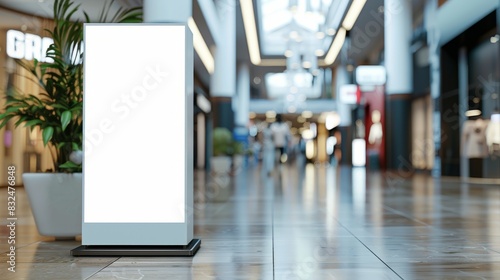 Mockup of blank white vertical indoor advertising roll up stand in shopping centre
