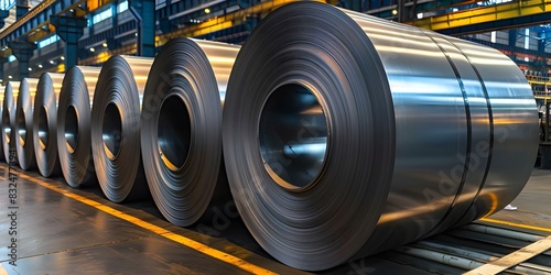 Large galvanized sheet steel rolls for heavy industry commercial use in warehouses. Concept Galvanized Steel, Industrial Use, Warehouse Storage, Heavy-Duty Rolls, Commercial Application