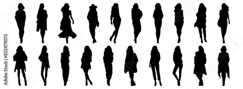 Woman Standing silhouettes set, pack of vector silhouette design, isolated background