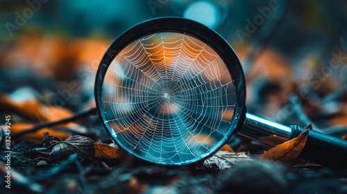 Magnifying glass with spiderweb and dew drops for halloween or nature themed designs