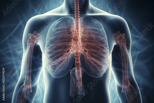 3D render male chest x-ray showing advanced lung cancer, overhead light, sharp focus on lesions