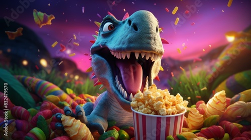 3D render of a dinosaur munching on popcorn, vibrant scene, playful and colorful, detailed textures