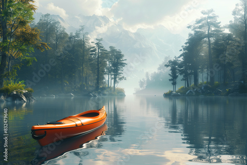 Kayaking on a serene lake, 3d render