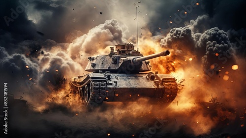 Military tank in battle, firing and causing a huge explosion focus on combat, ethereal, double exposure, war zone backdrop