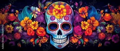 Artistic Day of the Dead wallpaper, skulls adorned with flowers, vivid and bold, cultural celebration