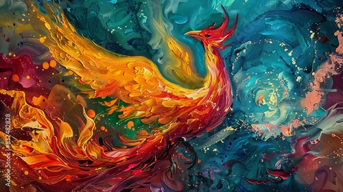 A vibrant painting of a phoenix rising from ashes, symbolizing rebirth and recovery from cancer