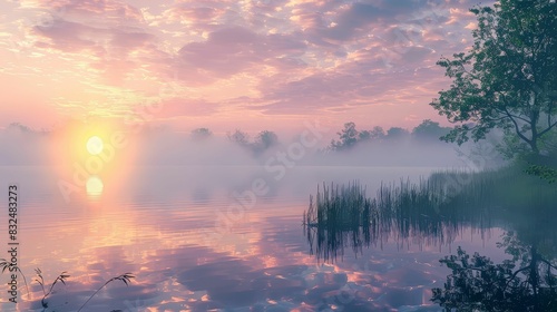 A tranquil lakeside scene at dawn, with fog rising from the water and the first light of day illuminating the sky