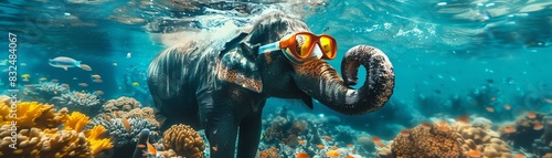 Elephant underwater with snorkel gear, vibrant coral reef
