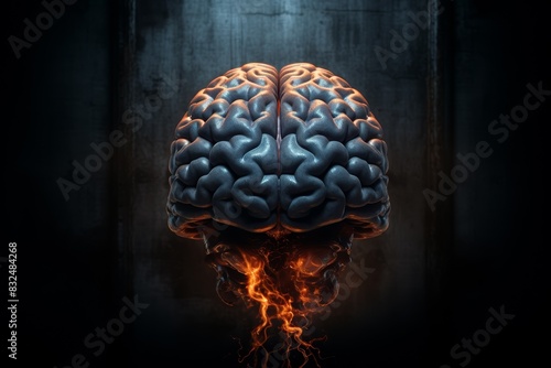 Human brain exposed, head in stress, dark moody lighting, top view, intense focus on frontal lobe