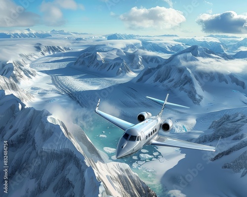 A private jet flying over an arctic landscape, with glaciers and icy waters below