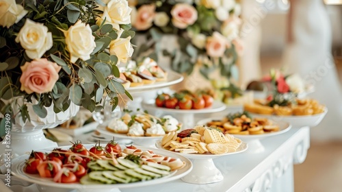 elegant wedding reception buffet with gourmet appetizers and floral decorations soft focus background