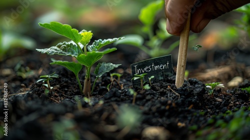 hand planting a seed labeled "Investment" in fertile soil.