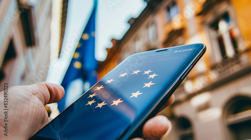 smartfon z ekranem wyświetlającym flagę Unii Europejskiej, leżący na pofałdowanej tkaninie również z motywem flagi UE. Jasne kolory flagi i kontrastujące tło tworzą wyrazisty obraz