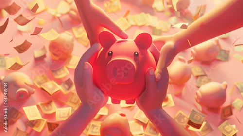 A pink piggy bank sits in the center of the image