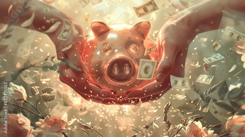 Piggy bank breaks and money flies in all directions.