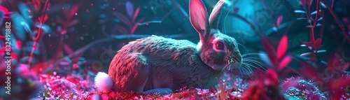 Cyber enhanced rabbits with speed modules, darting through neon underbrush in experimental ecosystems