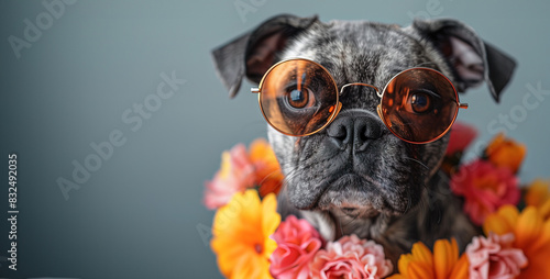 A dog with a flower garland on a gray background , Retro and vintage style concept, copy space wild life background banner