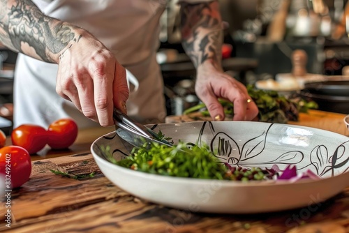 Fotografía de verduras antiguas dispuestas en una tabla de cortar rústica, de diversas formas y colores intensos, con las manos de un chef demostrando la técnica de corte. 
