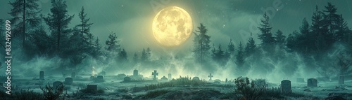 Digital landscape of a moonlit graveyard, eerie fog swirling between tombstones , overgrown grass , midnight , ghostly moonlight
