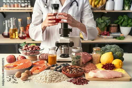 Composición conceptual de alimentos y un científico de laboratorio. Bebidas, frutas, pescado, verduras, carne, cereales y un científico.
