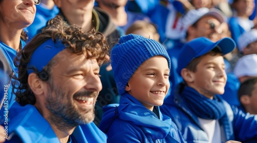 French father and son among enthusiastic supporters at a sports event, dressed in blue