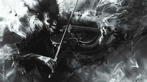 A sinister violin player with a twisted grin, surrounded by ghostly musical notes in a monochromatic composition
