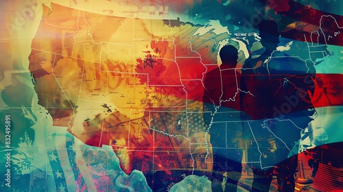 Colorful abstract collage of the United States map with silhouettes of people. Vibrant artistic representation symbolizing diversity and unity.