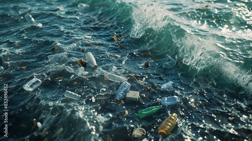 Various plastic debris floats among the waves on the surface of the ocean