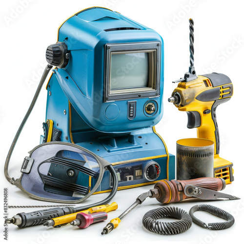 A collection of vintage welding equipment and power tools, including a drill, soldering iron, and protective gear.