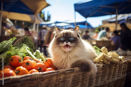 Portrait of a smiling ragdoll cat on vibrant farmers market