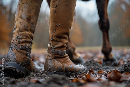 Close up of muddy riding boots and horse legs, showcasing a person standing in a muddy forest