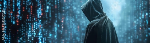 Hidden identity in cyberspace A secretive person draped in a hood, lost in a world of digital data streams, depicting online anonymity and privacy