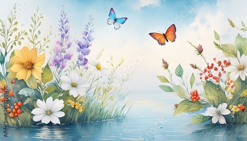 Serenity by the Stream: Flowers, Grasses, and Berri Perched" "Fluttering Dreams: Butterfly in the Sky, Natural Colors Captured in Watercolor"