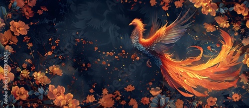 A phoenix in flight amidst blooming flowers, set against a dark background, creating a striking contrast and dynamic scene.