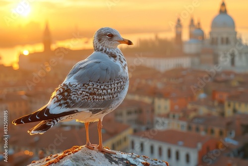 Seagull perched on a rooftop gazes over the iconic skyline of Venice during a captivating sunset