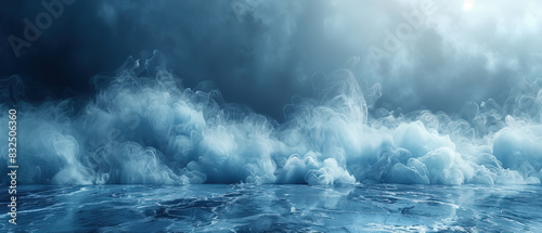 crashing waves, Light blue white smoke, ice avalanche, white mist background