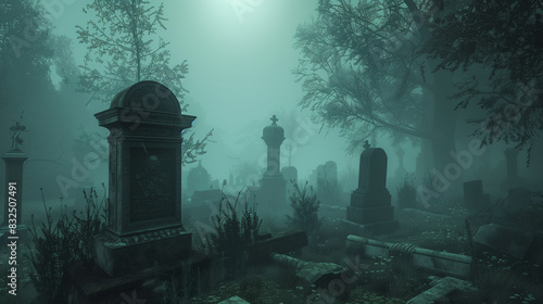 In a dark and mysterious necropolis, fog thickly surrounds the ancient tombstones, giving the whole place a gloomy appearance.