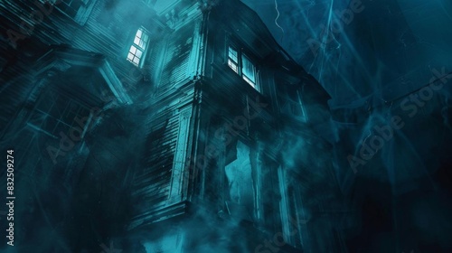 Capture a tilted angle view of a haunted house at midnight, featuring a sinister shadow creeping up the wall, with eerie mist swirling around