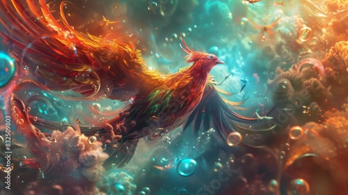 Capture a wide-angle view of a phoenix embodying the concept of resilience through vibrant colors and ethereal surroundings in a surrealistic style