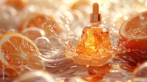 product advertising pictures Gel bottle over blue water surface and air bubbles on light orange background.