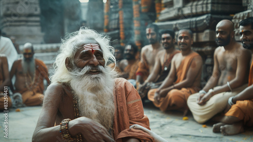 An Indian old sadhu sitting under a tree with a group of disciples