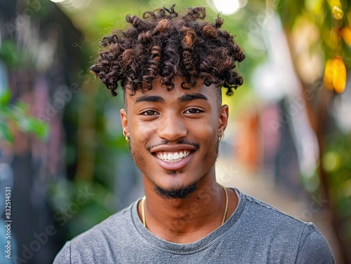 Young man with curly fade hairstyle smiling outdoors,Generative AI illustration.