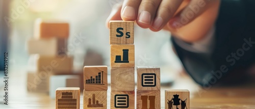Businessman stacking wooden blocks with business icons. The concept of building a successful business.
