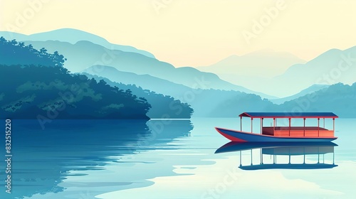 rustic floating pontoon boat on serene blue lake minimalist summer landscape illustration